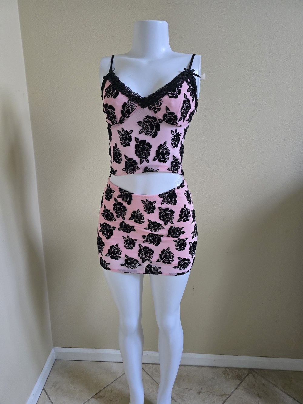 Pink and Black Rose Print Lace-Trim Camisole and Mini Skirt Set